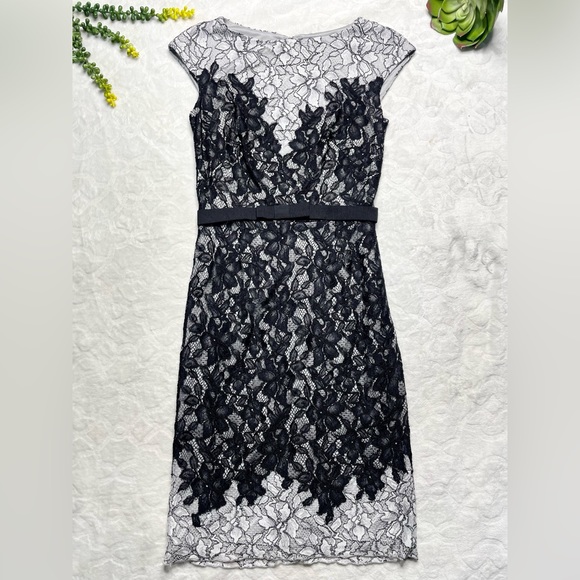 Tadashi Shoji Dresses & Skirts - Tadashi Shoji Color Block Contrast Lace Cap Sleeve Belted Sheath Dress Black Ice